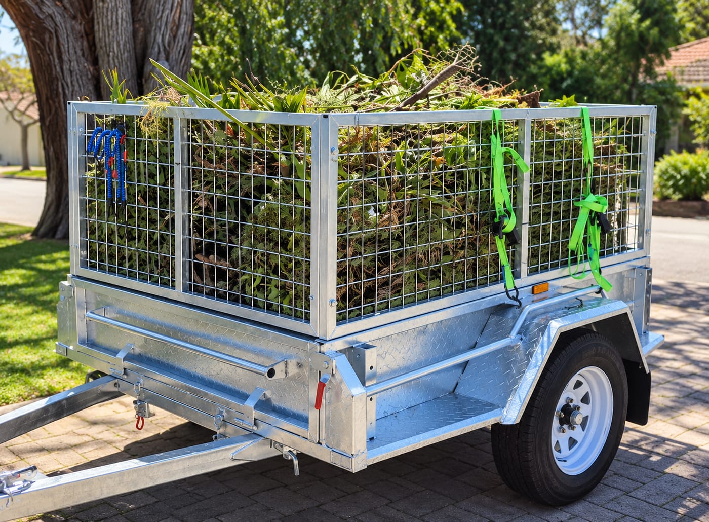 Cage trailer loaded with green waste, strapped down and ready to go